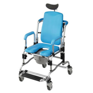 Mobile Shower Commode Chair with 18" U-Shaped Cushion and Head Pillow.
