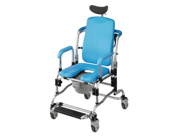 Mobile Shower Commode Chair with 18" U-Shaped Cushion and Head Pillow.